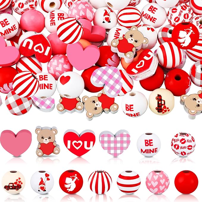 200 Pcs Valentines Day Wood Beads Pink White Hearts Beads Colorful Plaid Wooden Round Craft Wooden Natural Rustic Craft Kits for DIY Crafts Garland Party Supplies Decor
