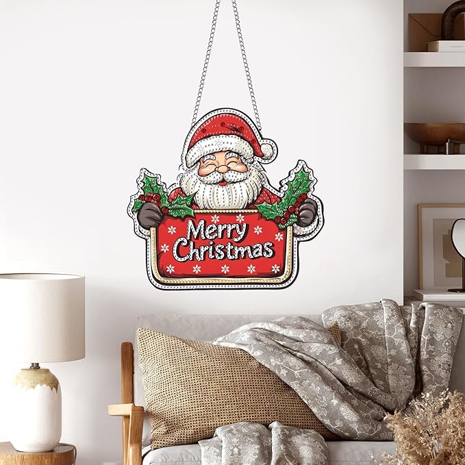 Pavemlo Hanging Diamond Art Kits for Adults Santa Claus – 8x8 Inch Double-Sided Acrylic Board DIY Crystal Diamond Suncatcher Pendant, Sparkling Home Wall or Window Decoration Handmade Gift