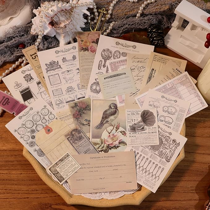 CATaireen Vintage Junk-Journal Mixed Paper Scrapbooking Embellishments Set Retro Journaling Decoupage Stickers Textured Packaging Decorative Cards Tags Kit (Old Photos 4)