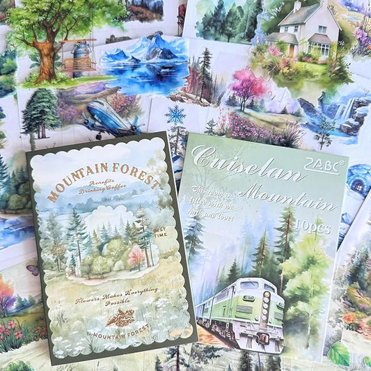 64 Sheets Vintage Floral Scrapbooking Kit, Precut Floral Natural Garden Flowers Butterfly Transparent PET and Washi Stickers with Scrap book Paper for Scrapbook Supplies Junk Journals Craft (Mountain)