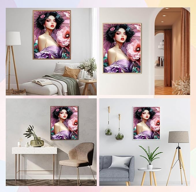 QENSPE Diamond Painting Art Kits for Adults, DIY Pink Flowers Full Drill Diamond Art Kit for Beginners, 5D Beautiful Woman Round Diamond Dots Paintings Gem Art Crafts Home Wall Decor Gifts 30x40cm