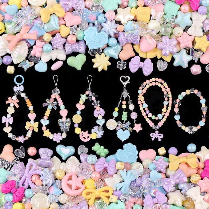200-260PCS TINKRSTUFF Assorted Acrylic Beads Macaroon Cute Beads for Bracelet Making, Bow Flower Butterfly GummyBear Kawaii Charms, Aesthetic Bead for Necklace Keychain Jewelry Making DIY Phone Charm