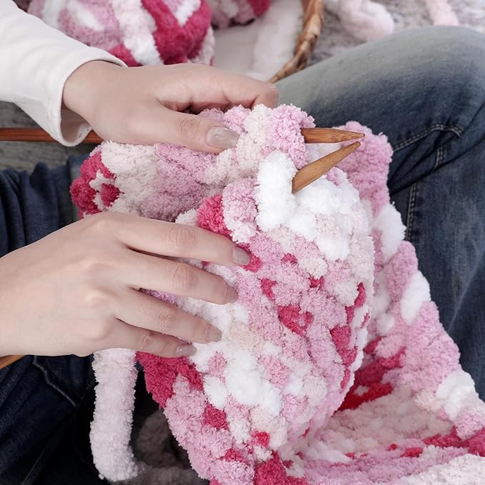 HOMBYS Chunky Tie Dye Mix Chenille Yarn for Hand Knitting, Super Bulky Jumbo Yarn for Crocheting, 3/4" Thick Soft Plush Yarn for Blankets, 8 Skein Pack (26 yds / 7.5 oz Each) Rose,Pink,White