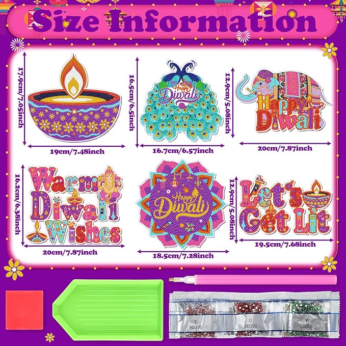 Zonon 6 Pcs Diwali Decoration Diamond Art Painting Hanging Sign Set Indian Diamond Art Adults 5d DIY Craft Acrylic Pendant Ornaments Kits Pooja Decor for Diwali Home Wall Door Window Decor