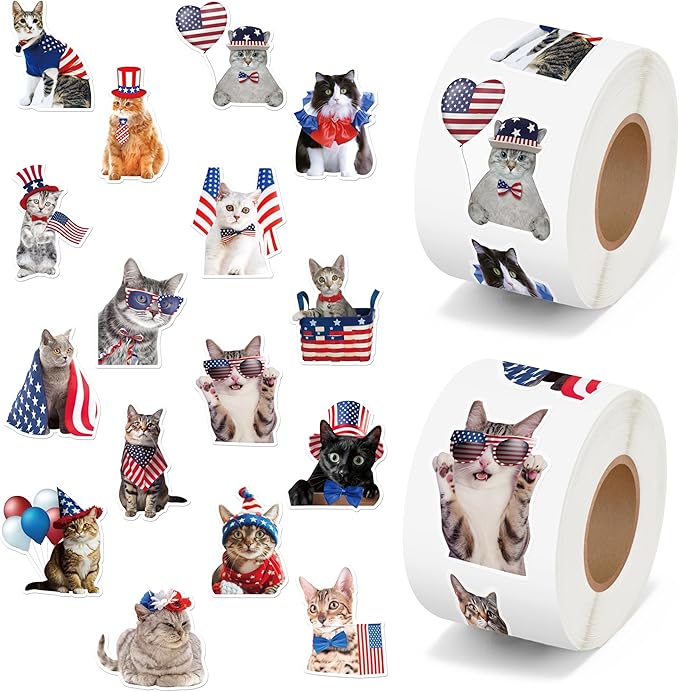 h1vojoxo 4th of july stickers - 1000pcs american patriotic cat stickers for kids vinyl flag cat sticker for independence day memorial and veterans day self-adhesive label for patriotic party decor