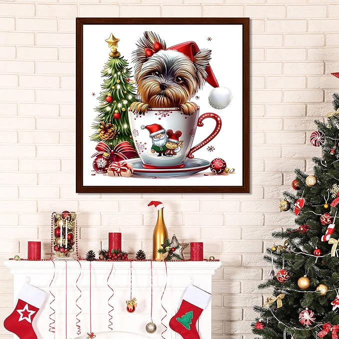 EMIEAUFG Christmas Diamond Art Kits for Adults, Christmas Dog Cup Diamond Paiting Kit for Beginners, 5D DIY Round Full Drill Craft Diamond Dot Gem Art, Home Wall Decor 12" x 12"
