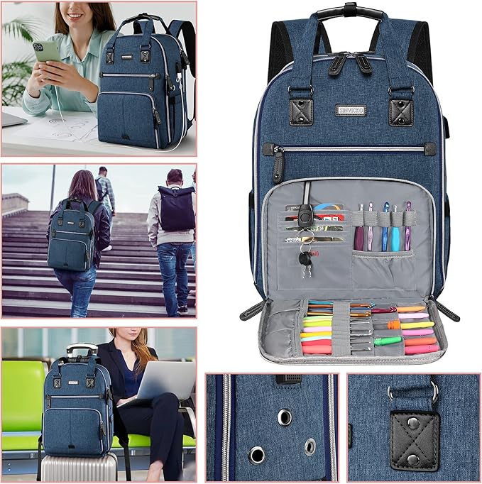 Crochet Bag, Knitting Bag Backpack and Totes Organizer with USB Charging Port, Large Yarn Storage Tote Bag