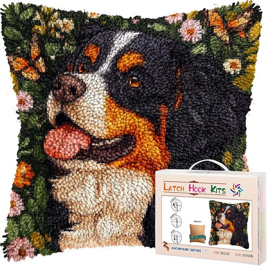 DIY Latch Hook Pillow Kits for Adults Bernese Mountain Dog and Butterfly Printed Pillowcase Crochet Yarns Hooking Handmade Pillow Cover Cushion for Home Sofa Decoration 17x17inch(3)