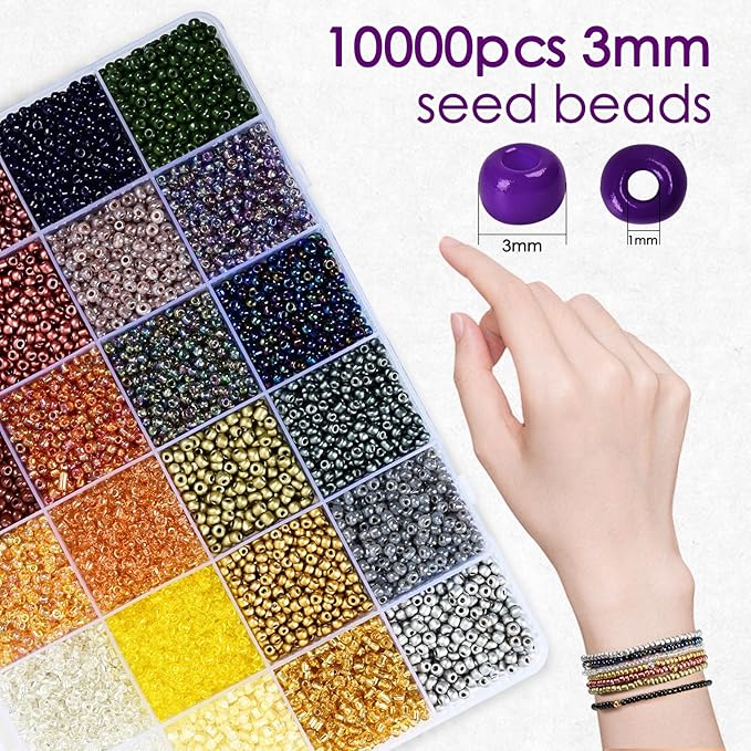 Vtssvow 3mm Glass Seed Beads for Bracelets Making, 24 Colors 10000pcs Friendship Bracelet Making Kit, Small Glass Beads for Jewelry Making (Mix 24 Color, Metallic)