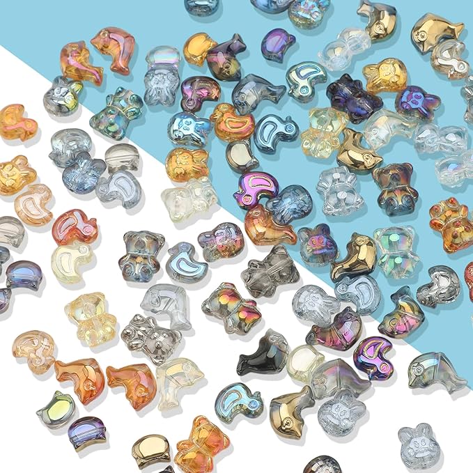 640pcs Shaped Animal Glass Beads for Jewelry Making, Shaped Cat/Rabbit/Duck/Bear/Dolphin Loose Spacer Beads for DIY Supplies Bracelets Necklaces Earrings