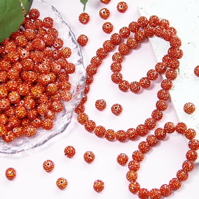 100 Pcs 10mm Rhinestone Beads for Jewelry Making, Orange Shiny Round Shamballa Disco Baseball Necklace Beads Sparkle Crystal Clay Pave Rhinestones Bead for DIY Bracelet Earring Craft Making Supplies
