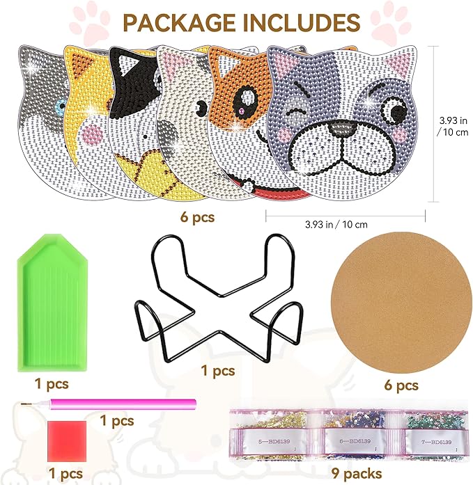 Vcekract Diamond Painting Coasters Kits, 6 Pices Dog Diamond Art Coasters with Holder, Crafts Kits for DIY Coasters, Diamond Art Kits for Adults