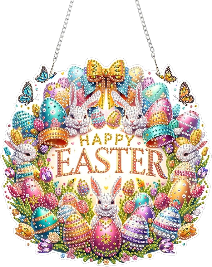 Aeepics Hanging Diamond Art Kit for Adult Easter, DIY Diamonds Painting Pendant Ornament Kit, Acrylic Diamond Art Painting Board Kit (Happy Easter Wreath)