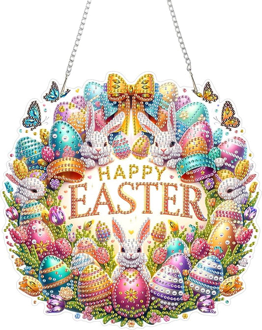 Aeepics Hanging Diamond Art Kit for Adult Easter, DIY Diamonds Painting Pendant Ornament Kit, Acrylic Diamond Art Painting Board Kit (Happy Easter Wreath)