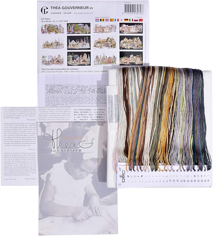 Thea Gouverneur - Counted Cross Stitch Kit - Paris - Aida - 18 Count - Embroidery Kit for Adults - DMC Embroidery Threads and Other Cross Stitch Supplies Included - 472A
