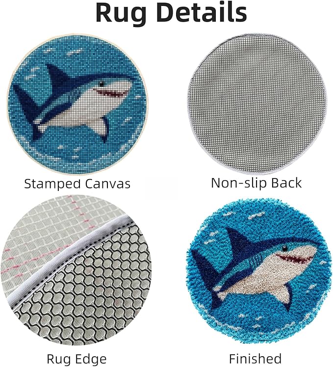 Latch Hook Rug Kit Cute Sea Shark Easy for Beginners Round Shape Carpet Crochet Yarn Craft Mini Rug DIY Hook and Latch Little Tapestry for Home Decor 30x30cm-1