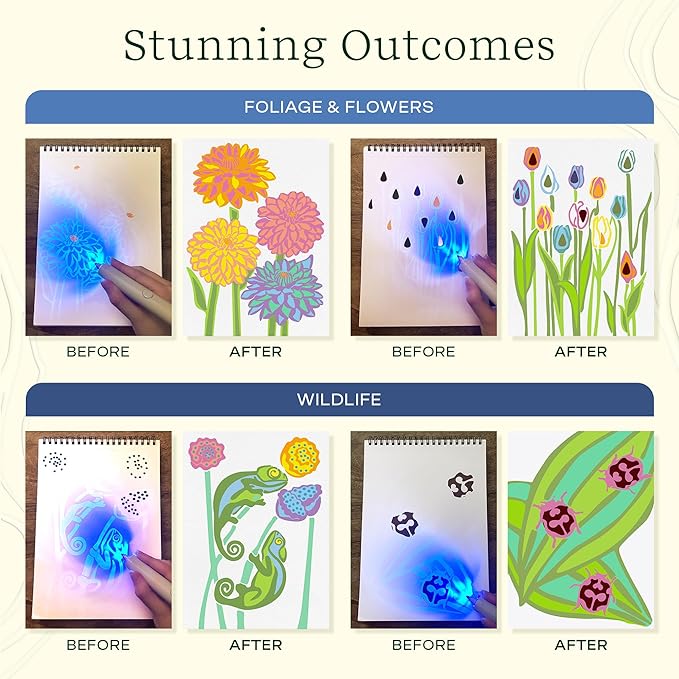Lifelines FlowArt Activity Pads, UV Art 2-Pack - Guided Art Meditations + Illuminating Markers - 10 Markers, 40 Scenes & Bonus Scenes - Color by UV Light Coloring Books for Tweens, Adults & Seniors