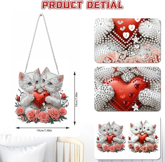 KEYIFA White Cat Diamond Painting Kit, DIY Heart Diamond Art for Adults, Diamonds Pendant Special Shaped Rhinestone Window Hanging Ornaments Home Garden Wall Door Decoration, 20cm Width