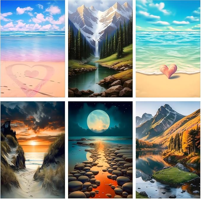 DOTZSO Diamond Art Kits for Adults 6 PCS DIY Full Diamond Art kit with Crystal Cross Stitch Picture Art and Craft for Adult Beginners 12x16 Inches (Landscape Beach)