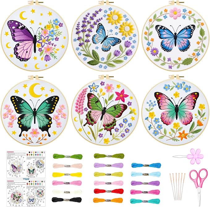 ORIGACH 6 Pack Butterfly & Flower Wreath Embroidery Kits for Beginners, DIY Starter Hand Embroidery Kit with Floral and Butterfly Patterns and Instructions for Adults Women Crafting