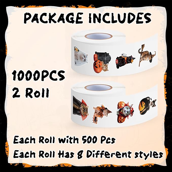 h1vojoxo halloween cat stickers roll - 1000pcs halloween cat dress up stickers in 2 rolls 16 designs pumpkin cats self-adhesive sticker for kids craft envelope water bottle scrapbook party supplies