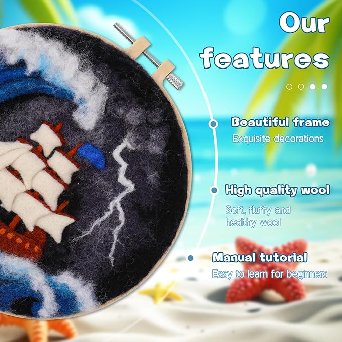 QMNNMA Needle Felting Kits, Wool Felting Kit with Picture Frame, Foam Pad, Felt Cloth, and Instructions, Needle Felt Painting Kit for Home Decoration (Sea Waves and Sailboats)