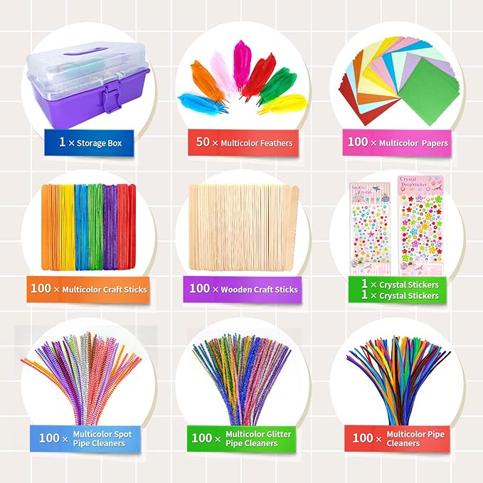 kortes Jumbo Art and Craft Supplies for Kids, Toddler DIY Craft Art Supply Set Included Pipe Cleaners, Pom Poms, Feather, Folding Storage Box - All in One for Craft DIY Art Supplies (Purple)