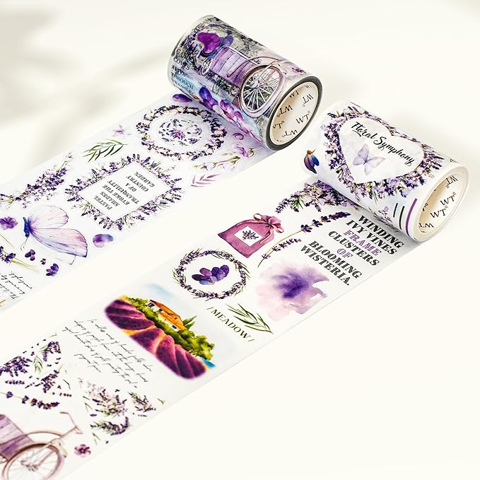 WT Pre-Cut Purple Muse Wide Washi Tape – Soft Purple Florals & Poetic Accents, 70mm×5m, Artistic Tape for Journaling, Scrapbooking, Planner & DIY Crafts