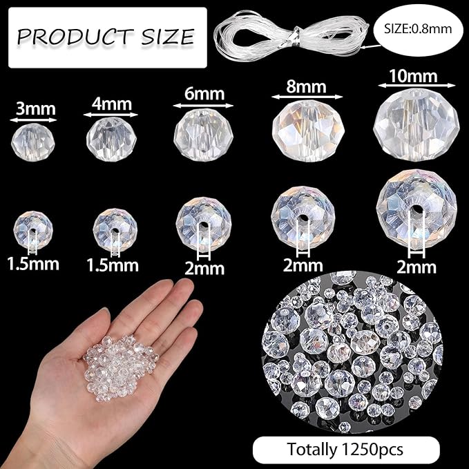 Song Xi 1250PCS AB White Crystal Beads for Jewelry Making, Rondelle Glass Beads for Bracelets Necklace, Earring, Pendants and Making Supplies, Bulk, Arts and Crafts, Sparkling (3/4/6/8/10mm)
