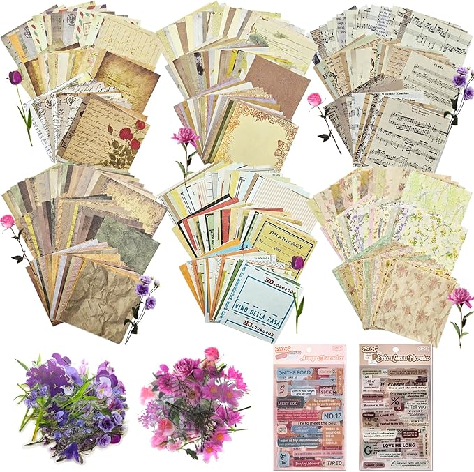 Naszonus 699 Pcs Vintage Scrapbook Paper Kit, Scrapbook Paper Supplies with Flowers Stickers, Journaling Decorative CraftPaper Set for Junk Journal, Retro Crafts