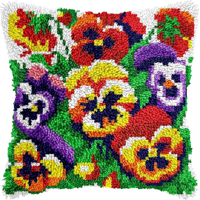 veirousa Blooming Pansies Flowers Latch Hook Kits for Adults Kids Beginners Latch Hook Pillow Kit Pre-Printed Latch Hook Rug Kits Cross-Stitch Embroidery Cushion for Home Sofa Decoration 17x17 in.