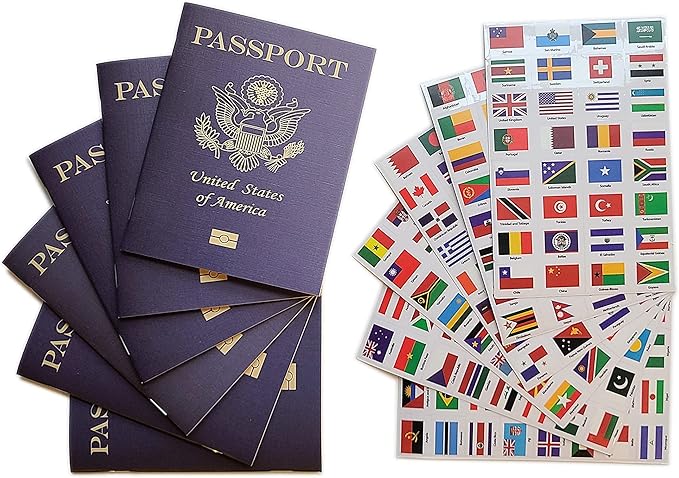 SJPRINTER Kids Passports - Little passports for kids - Travel scrapbook - Set with travel stickers world flags - party favors, airplane toy, journal notebooks, geography, classroom social study