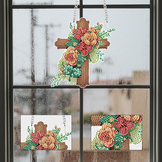 5D DIY Acrylic Cross Diamond Painting Pendant Kit, Floral Special Shaped Rhinestones Hanging Ornament, Diamond Art Hanging for Adults, Decorative Window, Wall or Door, Handmade Home and Holiday Gift