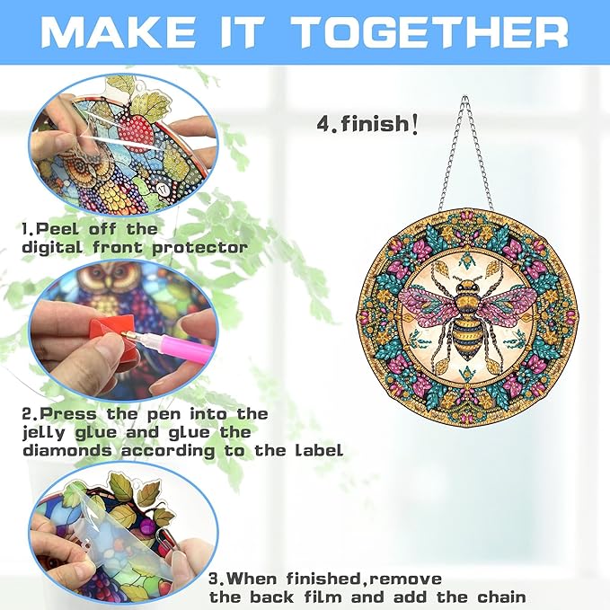 VAIIEYO Bee Diamond Art Hanging Ornament, Animal Diamond Painting Suncatchers Window Hanging Kit with Chain, 7.5x7.5 inch Crystal Pendant Art Craft for Gift Home Wall Front Door Decoration