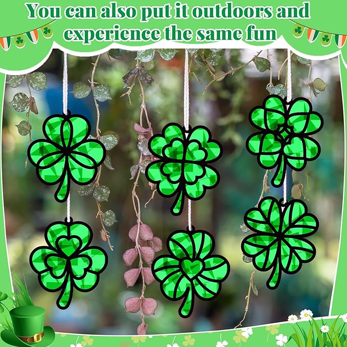 32 Sets St Patricks Day Suncatchers Craft Kit DIY shamrock Window Stained Glass Effect Paper Green Leaf Home School Classroom Decoration St Patricks Art Craft Creative Activity Project Gift Favor