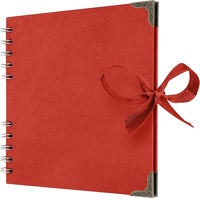 Bstorify Square Scrapbook Photo Albums 7 x 7 Inch Red Thick Paper, Hardcover, Metal Corners, Ribbon Closure - Ideal for Your Scrapbooking Albums, Art & Craft Projects