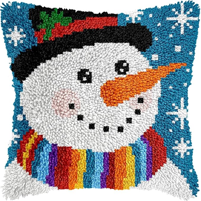 Cozykeke Snowman Latch Hook Kit,DIY Pillow Cover Cushion Craft Kits with Pre-Printed Canvas for Adults and Beginners, Suitable for Home Decor and Festival Gift 17 * 17in (BX53)
