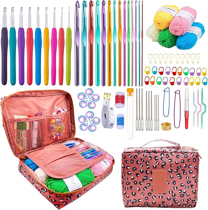 Mdoker 100 Pieces Crochet Kit with Yarn and Knitting Accessories Set,Complete Knitting Kit for Beginners Include Soft Grip Crochet Hooks,Aluminum Crochet Hooks,Crochet Yarn Balls,Crochet Supplies Set
