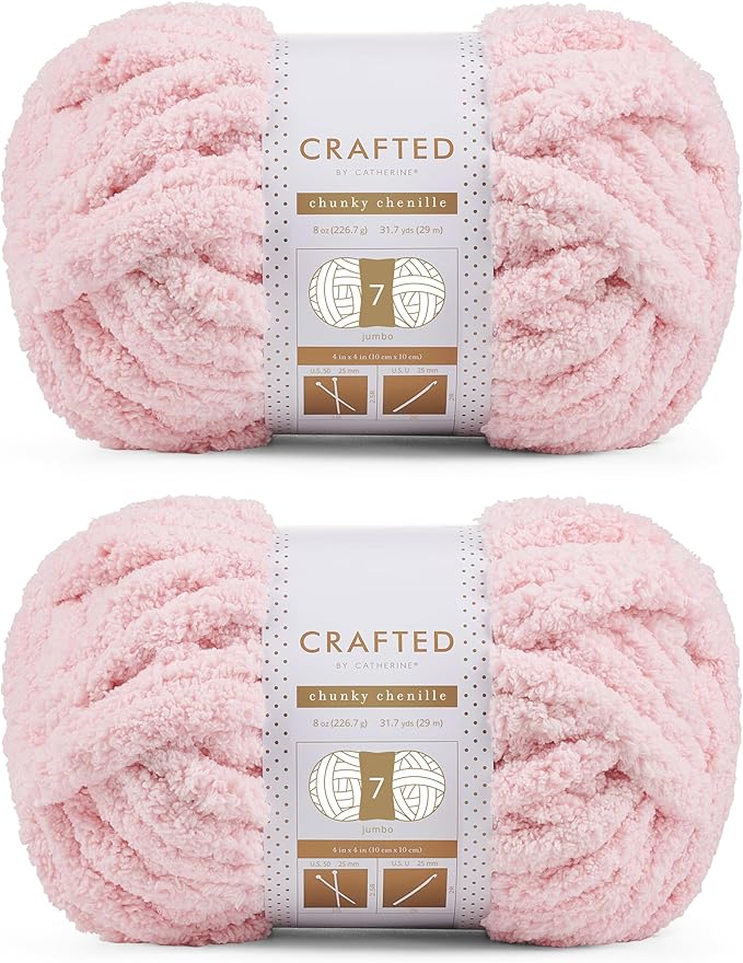 Crafted By Catherine Chunky Chenille Yarn - 2 Pack (8 oz / 227 g, 31.7 Yards Each Skein), Light Pink, Gauge 7 Jumbo