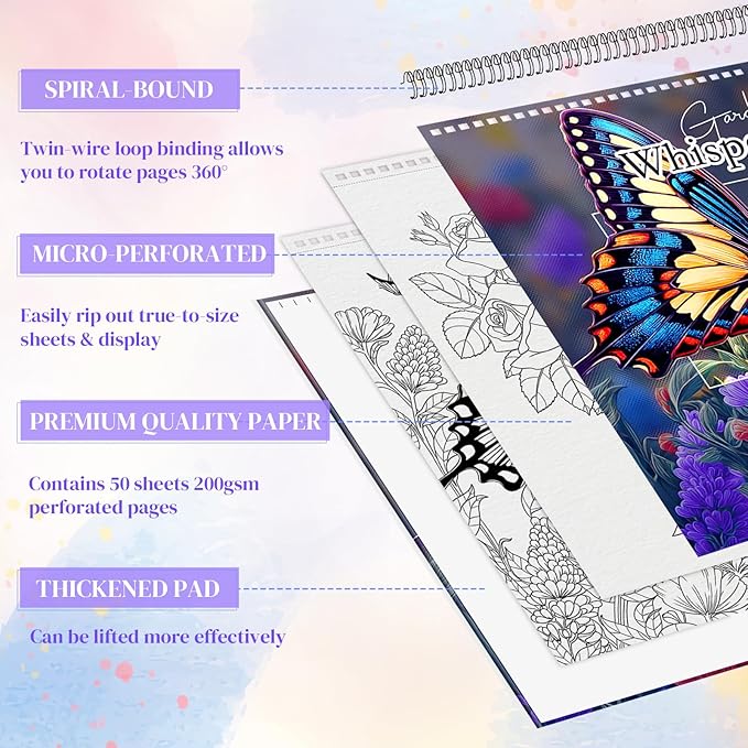 Hardback Covers Thick Paper Adult Coloring Book for Women Relaxation, Spiral Bound Coloring Book Hand-Drawn Design with 50 Pages, Mindfulness Gifts for Women to Relax - Garden Whispers