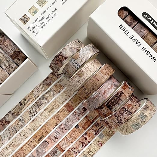 YUBX Vintage Washi Tape Set 8 Rolls Thin Retro Decorative Antique Patterns Masking Tapes for Arts, DIY Crafts, Journals, Planners, Scrapbook, Wrapping (Junk Books)