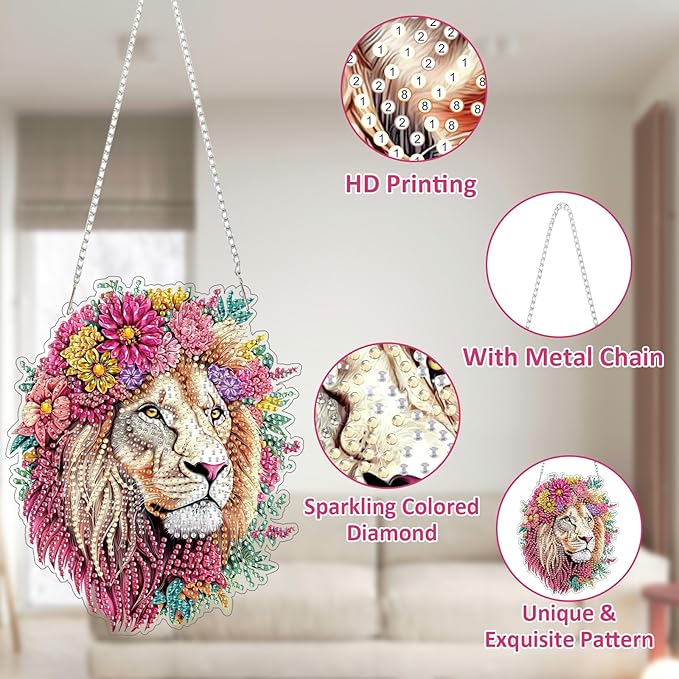 SENQAO Lion Diamond Art Hanging Kits for Adults Kids, Acrylic Diamonds Painting Pendant Board Kit Lion, Diamond Art Painting Window Pendants Home Garden Wall Hanging Kits Hanging Ornament