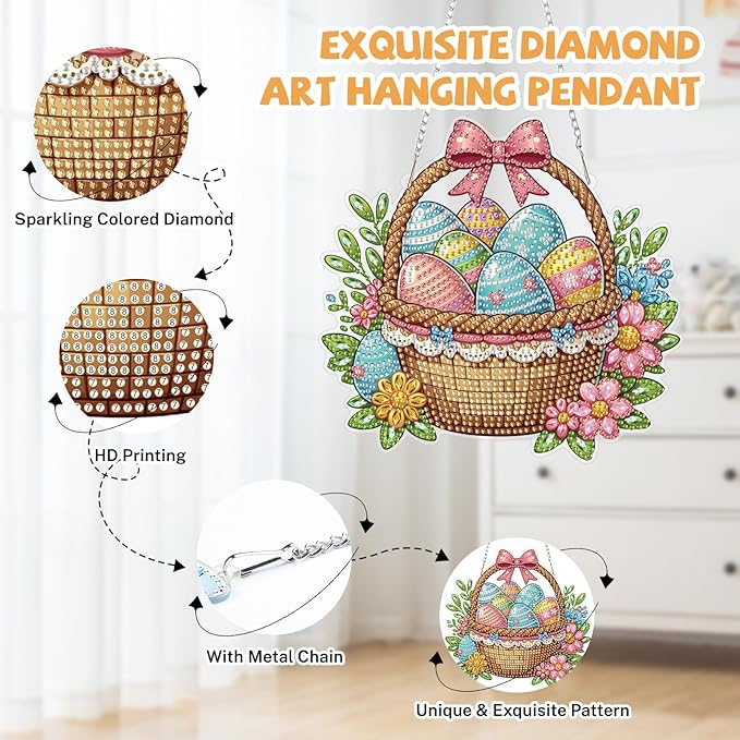 Bowetile Easter Diamond Art Hanging Kits for Adults, Diamond Art Suncatchers Easter Eggs Basket, 5D Special Shape Diamond Painting Pendant Window Ornament Gifts for Home Wall Door Decor