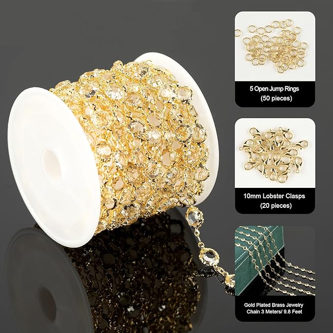 UMAOKANG 3 Yard 18K Gold Plated Brass Chain for Jewelry Making Clear Crystal Jewelry Chain Roll with Jump Rings and Lobster Clasps