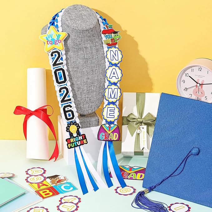 Juexica Kindergarten Graduation Ribbon Leis Class of 2026 Braided Necklace Making Kit with Alphabetic Decorative Cards Preschool Kids Grad Graduation Party Gifts(Blue, White)