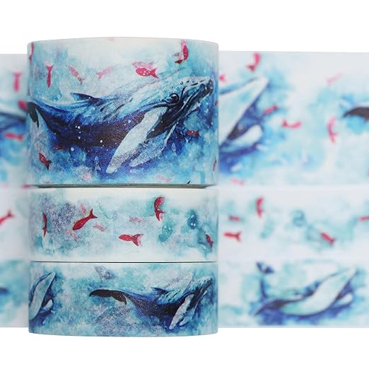 YUBBAEX Cute Printed Washi Tape 3 Rolls Japanese-Style Masking Tape Set Decorative for Arts, DIY Crafts, Journal Supplies, Planners, Scrapbook, Card/Gift Wrapping (Mythical Fish (Wide))