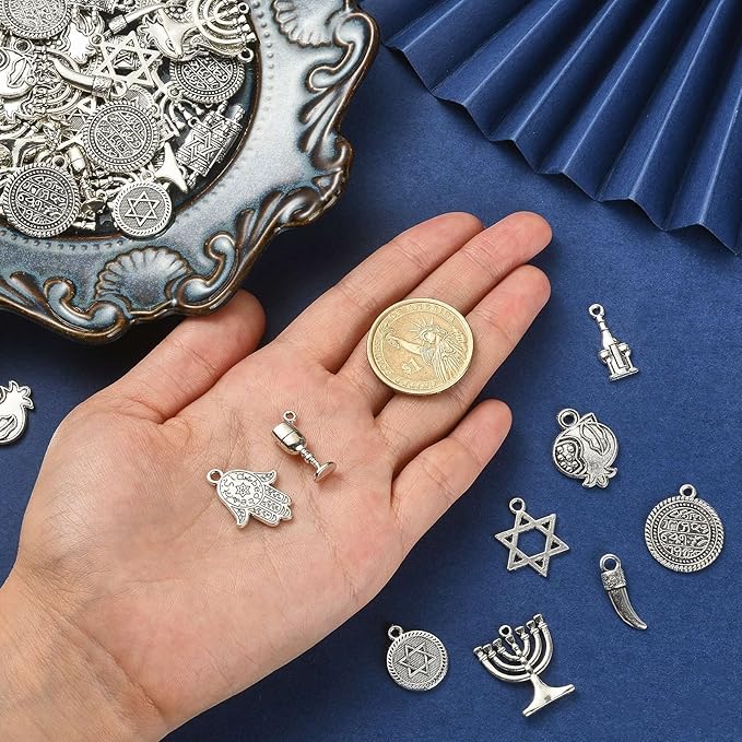DanLingJewelry 100Pcs 10 Styles Tibetan Religion DIY Bracelet & Necklace Making Kit With Temple Menorah & Star of David Charms