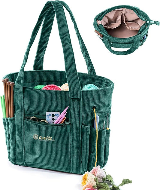 Crochet Bag and Tote - Corduroy Yarn Bag - Yarn Holder for Crocheting - Crochet Storage Bag for Crochet Hooks, Crochet Accessories, Knitting Bag for Crochet Lovers, Mother's Day Gift