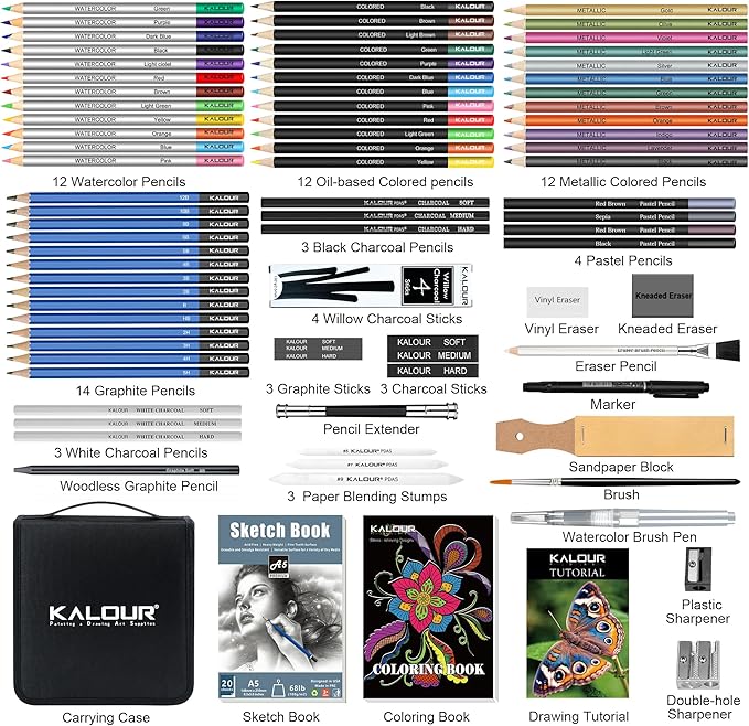 KALOUR 82 Pack Drawing Sketching Kit, Pro Art Supplies with Sketchbook, Include Tutorial,Colored, Graphite, Charcoal, Watercolor,Metallic & Pastel Pencils, Drawing Set for Adults Teens Beginner