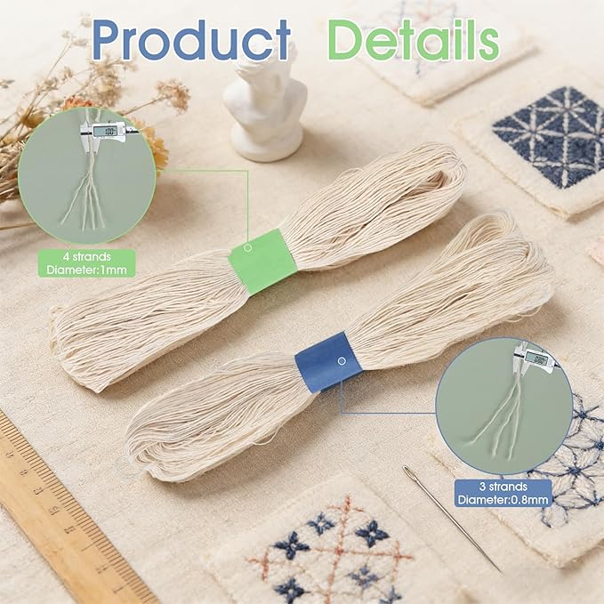 4pcs Sashiko Thread Jumbo Skein Sashiko Kit Sashiko Skein with Four Sashiko Needles Total Length 524.93 Yards Natural Plant Dyed Sashiko Cotton Embroidery Thread Sashiko Kit Supplies 100% Cotton
